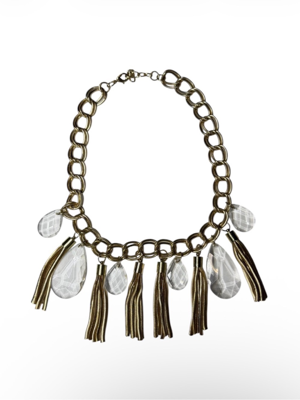 Vintage Gold Tone Chain Tassel Necklace with Clear Crystal Drops